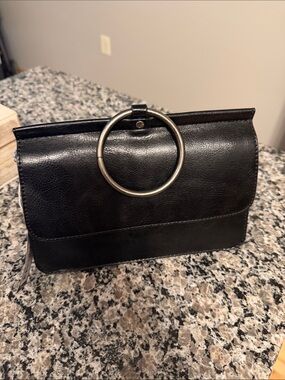 Black Ring-Accent Leather Clutch
